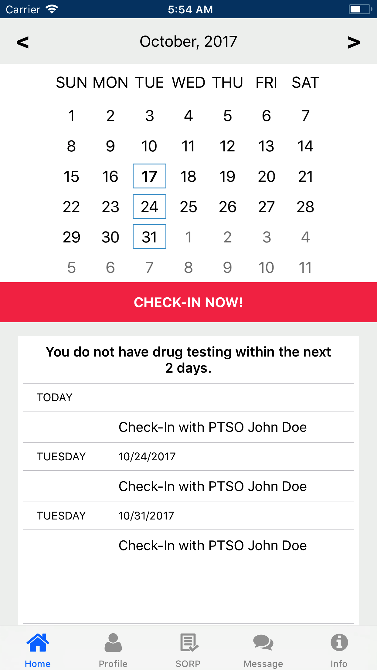 Mobile app screenshot - Calendar